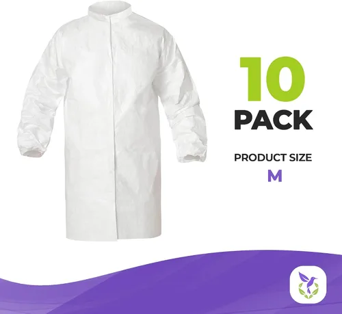 Vista 2 de AMZ Disposable Lab Coat, Medium. Pack of 10 White Disposable Lab Coats for Adults. 60 GSM Microporous Disposable Coats Medical PPE with Elastic