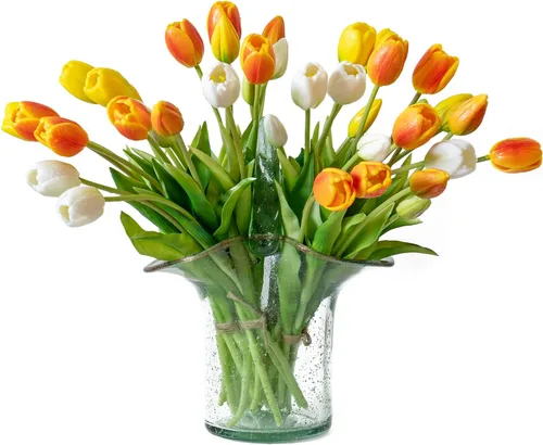 Vista 8 de DUYONE 15 flores de tulipanes artificiales, ramo de látex de tacto real, tulipanes falsos para oficina, boda, fiesta, hogar, cocina, jardín