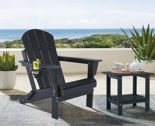 Vista 2 de Sillas Adirondack plegables – Silla Adirondack de plástico con soporte para tazas, sillas para exteriores resistentes a la intemperie