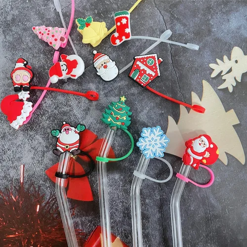 Vista 3 de 12 fundas de popote para copa Stanley, cubierta de paja de silicona de Navidad, compatible con vaso Stanley de 30 y 40 onzas, lindo árbol de Navidad