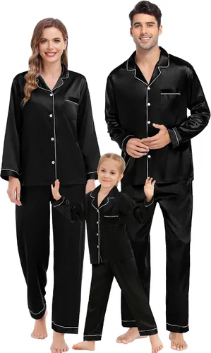 Vista 2 de SWOMOG Conjunto de pijama familiar a juego de satén de seda con botones, ropa de dormir de manga larga, conjunto de 2 piezas