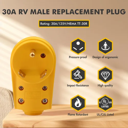 Vista 2 de NEMA TT-30P - Enchufe RV de 30 amperios, mango ergonómico macho de repuesto resistente de 125 V para RV, cámper, caravana, cable generador ETL