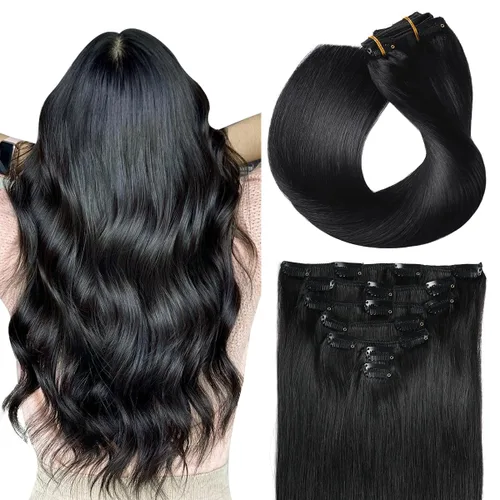 Vista 11 de SUYYA Extensiones de cabello humano real con pinzas, 7 piezas de extensiones de cabello humano Remy liso con clip, para mujer, doble trama, 12 #1