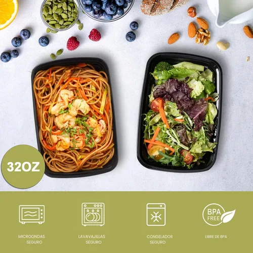 Vista 2 de Ezalia Paquete de 50 - Recipientes para Preparación de Comidas de 32 oz, Recipientes de Plástico para Preparación de Alimentos Reutilizables, A