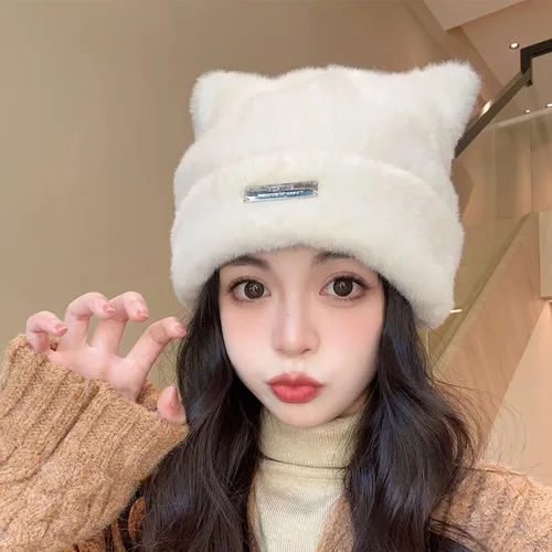 Vista 4 de Gorros de ganchillo con diseño de gato para mujer, lindos gorros de orejas de oso para mujer, gorros de invierno holgados con calavera Y2K