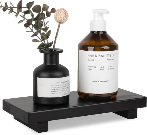 Vista 18 de Organizador de encimera de baño, soporte de pedestal de madera, bandeja decorativa de estilo granja, portajabones para decoración de cocina, Negro