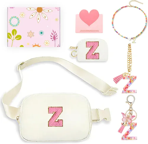 Vista 30 de Regalos de moda para niñas adolescentes, cangurera con monograma para niña con llavero, collar, dijes de taza, tarjeta de felicitación y caja