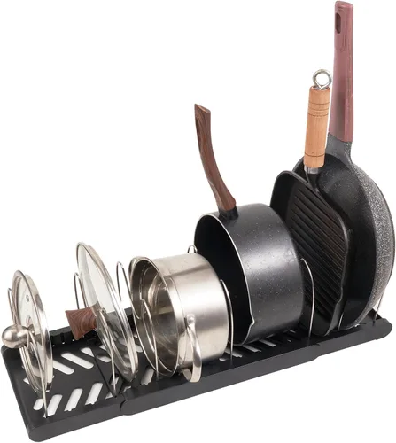 Vista 7 de Organizador expandible para ollas y sartenes, divisores ajustables de acero inoxidable, soporte para tapa de olla, organizador y almacenamiento