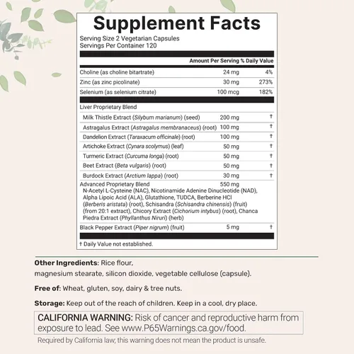 Vista 2 de Liver Advanced+, 240 cápsulas vegetales Complejo 20 en 1 con cardo mariano, diente de león, NAD, NAC, ALA, TUDCA, glutatión, alcachofa, cúrcuma