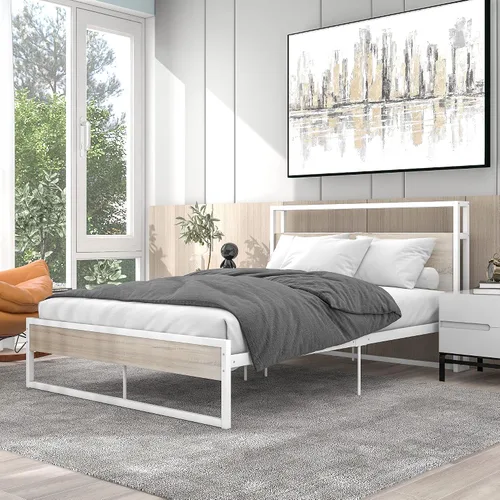 Vista 12 de VilroCaz Cama de plataforma de tamaño matrimonial con enchufes y puertos USB, marco de cama de plataforma de metal moderno con cajones, soporte
