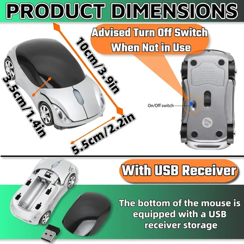 Vista 3 de Mouse inalámbrico para coche, 2.4G inalámbrico con receptor USB, mouse óptico para PC, portátil, tableta, Win XPVista7ME2000Mac OS (plateado)