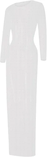 Vista 5 de Vestido de malla transparente con diamantes de imitación de perlas para mujer, cubierta de traje de baño de manga larga para playa