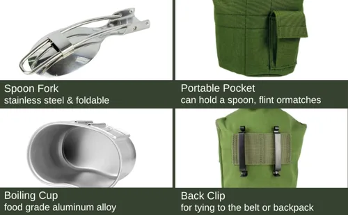 Vista 6 de BeGrit Cantina militar de la Segunda Guerra Mundial de la Segunda Guerra Mundial US G.I. Kit de comedor con taza de aluminio, tenedor plegable