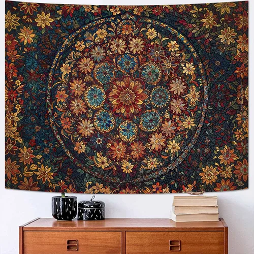 Vista 33 de Fowocu Tapiz bohemio con mandala floral para colgar en la pared, medallón de flores bohemias, tapiz estético, beige, naranja, hippie, indio, pequeño