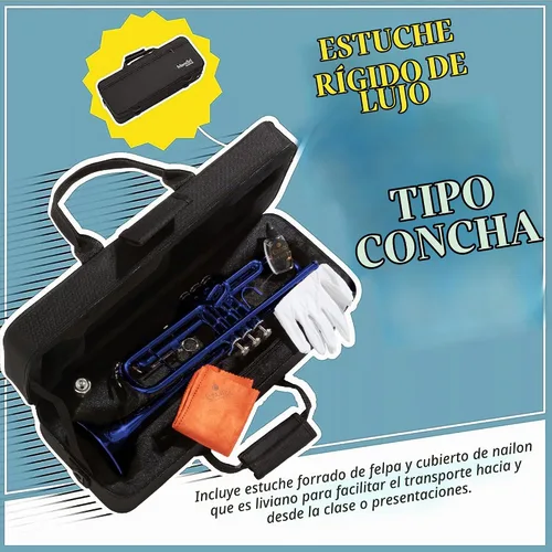 Vista 5 de Mendini de Cecilio Trompeta de latón Bb con estuche de lujo duradero y 1 año de garantía., Azul