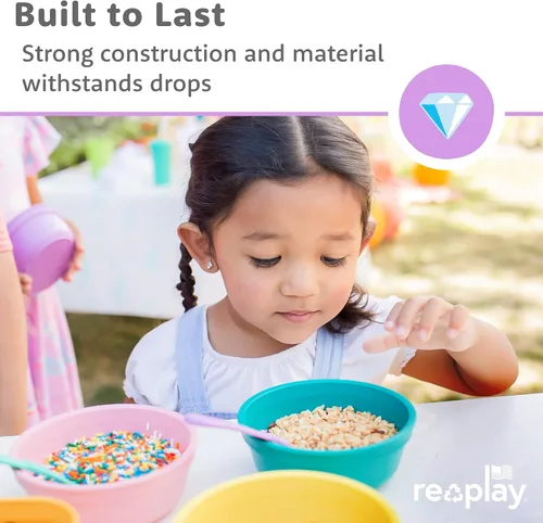 Vista 2 de Re-Play Juego de vajilla para niños pequeños, 3 platos divididos, 3 cuencos para aperitivos y 3 juegos de tenedores y cucharas, vajilla para niños