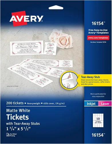 Vista 8 de Avery Entradas imprimibles, con talones desprendibles, blancas, 1.75" x 5.5", en blanco mate, para impresión láser/de inyección de tinta, 200