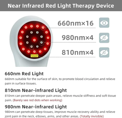 Vista 3 de Máquina de terapia de luz fría, 4x980nm+4x810nm+16x660nm, dispositivo de terapia de luz roja en casa, terapia de luz roja infrarroja para el dolor