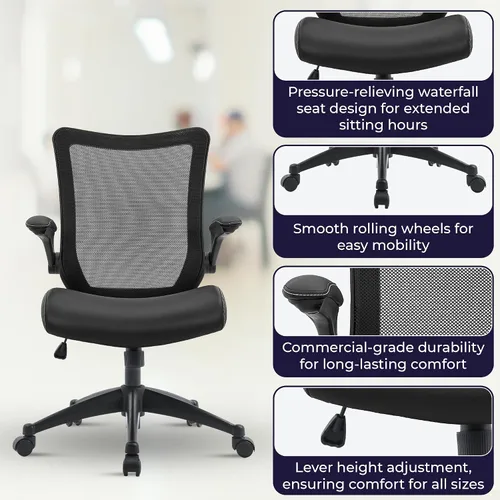 Vista 6 de OfficeFactor - Silla de escritorio de oficina, silla de escritorio ajustable de capacidad de 300 libras, reposabrazos abatibles, ruedas
