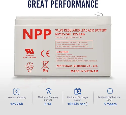 Vista 3 de NPP Batería recargable AGM SLA de 12V 7Ah T1 8PCS