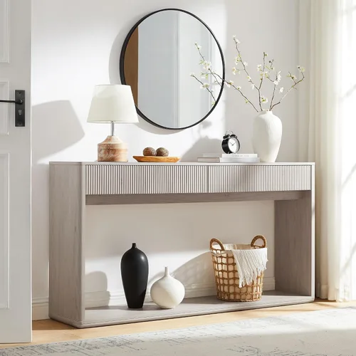 Vista 9 de OKD Mesa consola acanalada de 63" para entrada, mesa de entrada moderna con 2 cajones grandes, mesa de sofá larga detrás del sofá para sala de Roble