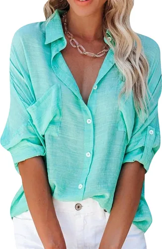 Vista 6 de MAYRAIN Camisa de manga larga con botones y cuello de solapa para mujer, camisa casual de verano con bolsillos