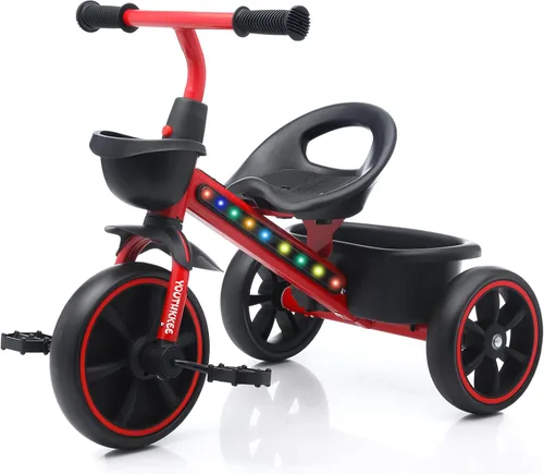 Vista 7 de Triciclo para niños con luces LED coloridas para niños pequeños de 1 a 3 años, diseño estable de 3 ruedas y canasta de almacenamiento para paseos