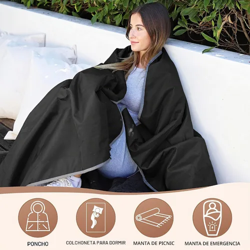 Vista 2 de Tirrinia Manta impermeable para exteriores con forro sherpa, resistente al viento, triple capa, cálida y cómoda, plegable para camping, estadio