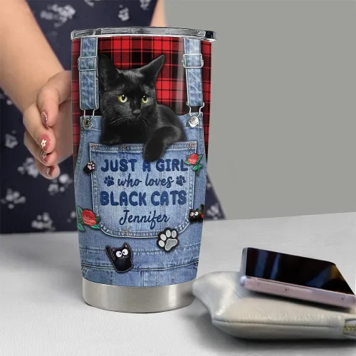 Vista 5 de SANDJEST Vaso personalizado de gato negro con texto en inglés «Just A Girls Who Loves Cat», vasos de 20 onzas y 30 onzas con tapa, regalo
