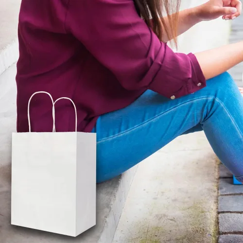 Vista 9 de Oikss Cada paquete de 100 bolsas de regalo de papel kraft blanco pequeño y mediano con asas a granel