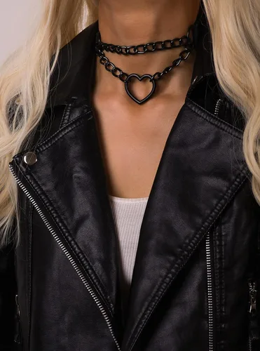 Vista 2 de Sacina Goth Heart Chain Choker Necklace, PU Leather Choker, Gothic Punk Grunge Emo Necklace, Halloween Christmas Jewelry Gift for Women, Men