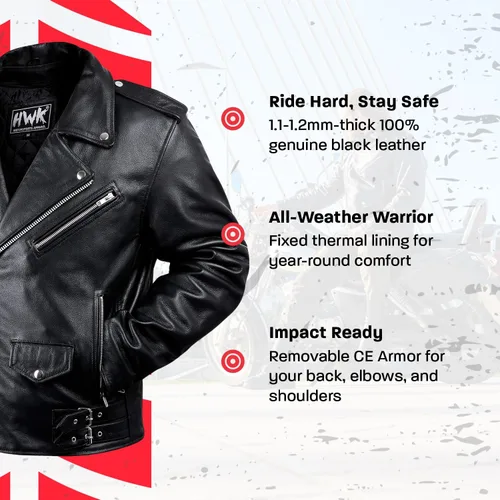 Vista 2 de HWK Brando - Chaqueta de cuero para motocicleta para hombre, chaqueta de cuero negro genuino con armadura CE extraíble para montar en moto