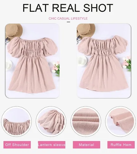 Vista 4 de Dokotoo Vestidos de verano para mujer, con hombros descubiertos, manga corta, farol, volantes, cintura elástica, acampanado, casual, mini vestido