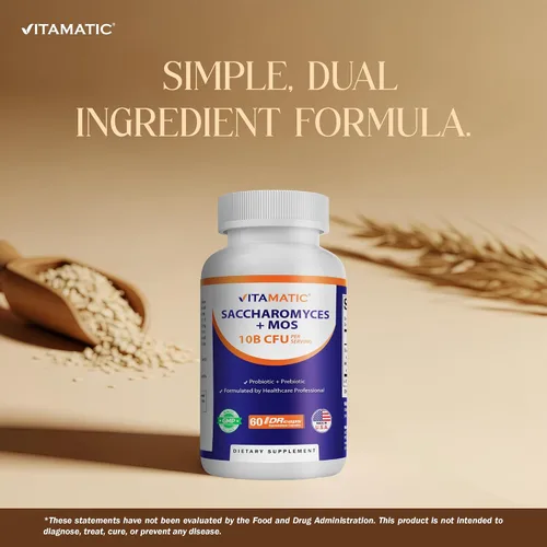 Vista 4 de Vitamatic Saccharomyces Boulardii Probiotic 10B por porción + extracto de levadura (fracción de levadura MOS) 300 mg - 60 cápsulas DR - Fabricado