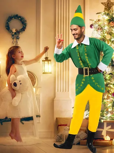 Vista 3 de Disfraz de elfo para hombre disfraz de amigo para Halloween Navidad cosplay conjunto completo de disfraces de fantasía trajes de fiesta verdes