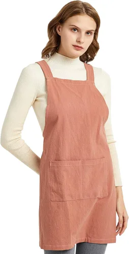 Vista 15 de ELEZAY Delantales para mujer con bolsillos, talla grande, cómodo, espalda cruzada, sin lazo, delantal de lino y algodón Verde