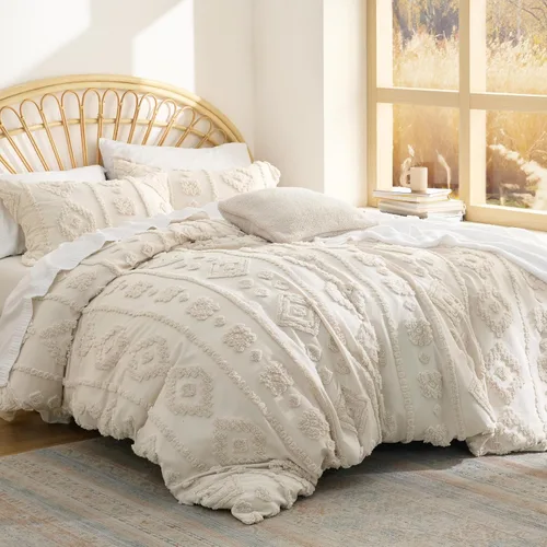 Vista 24 de Bedsure - Juego de edredón individual/King, juego de cama bohemio azul polvo capitoné, 3D, tipo jacquard, 2 piezas: 1 edredón estilo rústico chic