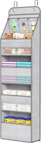 Vista 9 de Univivi Organizador para colgar sobre la puerta con 5 estantes de tela, organizador de almacenamiento para puerta con 4 bolsillos grandes y 3