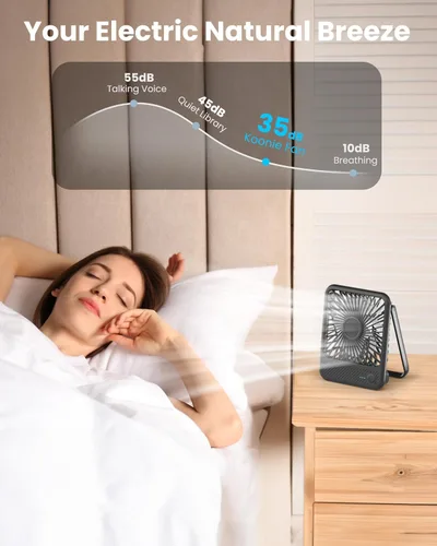 Vista 6 de Koonie - Ventilador de escritorio, ultra silencioso con batería de 2.5-11h, pequeño ventilador USB con viento fuerte, plegable con inclinación