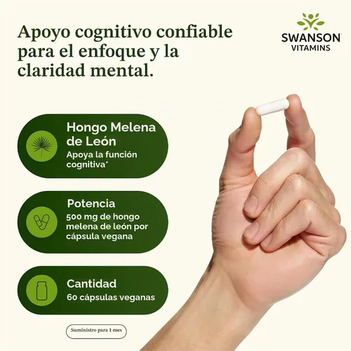 Vista 3 de Suplemento vitamínico de Swanson de espectro completo. Hongo Melena de León. 500 mg, Swanson-SW1096, 1