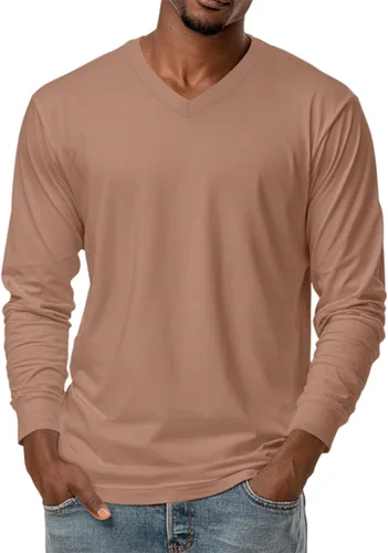 Vista 9 de Camiseta para hombre, manga larga, cuello en V, color liso, informal, básica, suave, elástica, M-3XL