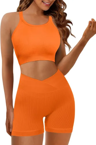 Vista 2 de JZC Conjuntos de entrenamiento para mujer, 2 piezas, acanalados, sin costuras, pantalones cortos de cintura alta, trajes de yoga
