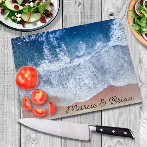 Vista 2 de Tabla de cortar de vidrio personalizada con olas oceánicas, tabla de cortar de queso de charcutería de vidrio, tabla de cortar de vidrio para regalo