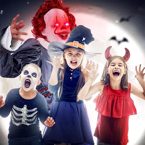 Vista 5 de Disfraz de payaso de Halloween para adultos o niños, disfraz de payaso espeluznante que incluye máscara aterradora, globos, disfraz completo