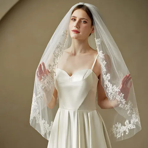 Vista 4 de EllieWely 2 T - Velo de novia de tul con purpurina y encaje de perlas para boda