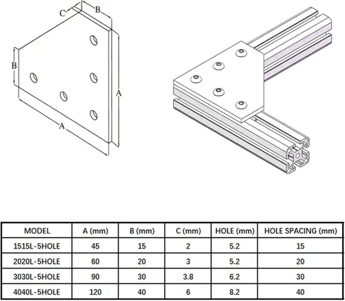 Vista 2 de 4 juegos de soportes de esquina de 4040 con 5 agujeros en forma de L, placas de unión para accesorios de extrusión de aluminio 4040 en negro (L)