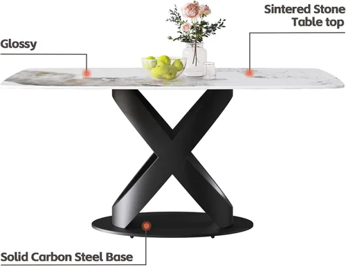 Vista 4 de Mesa de comedor moderna, mesa de piedra sinterizada blanca antigua con base de acero al carbono sólido en forma de X negra, mesa de comedor Blanco