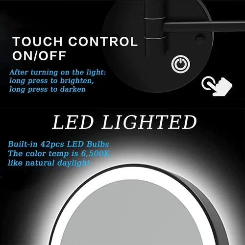 Vista 5 de Espejo de maquillaje LED con luces y aumento de 10x, espejo de tocador montado en la pared, redondo, de doble cara, con brazo extensible giratorio
