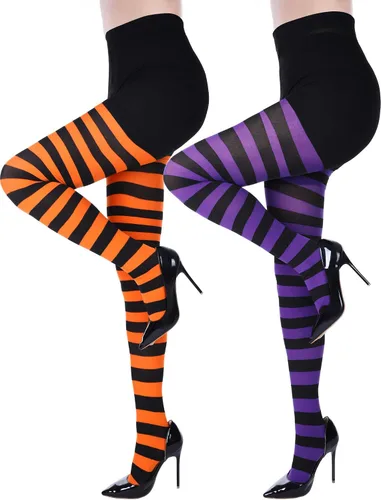 Vista 3 de 2 piezas de medias de rayas de color sólido leggings de mujer con pies para Halloween
