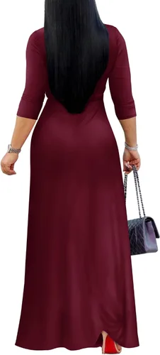 Vista 2 de FANDEE - Vestido largo de verano para mujer, unicolor, bohemio con cuello en V y manga 34